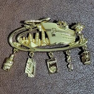 Vintage Danecraft Cruise Ship Travel Passport Dangle Gold Tone Pin Brooch Excl